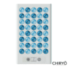 blue light therapy panel with stand 415nm and 453nm 7in1 benefits image shows panel switched on and the control panel for on off blue options and timer white product