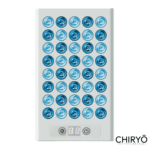 blue light therapy panel with stand 415nm and 453nm 7in1 benefits image shows panel switched on and the control panel for on off blue options and timer white product