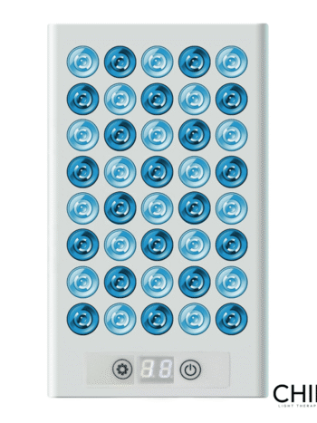 blue light therapy panel with stand 415nm and 453nm 7in1 benefits image shows panel switched on and the control panel for on off blue options and timer white product
