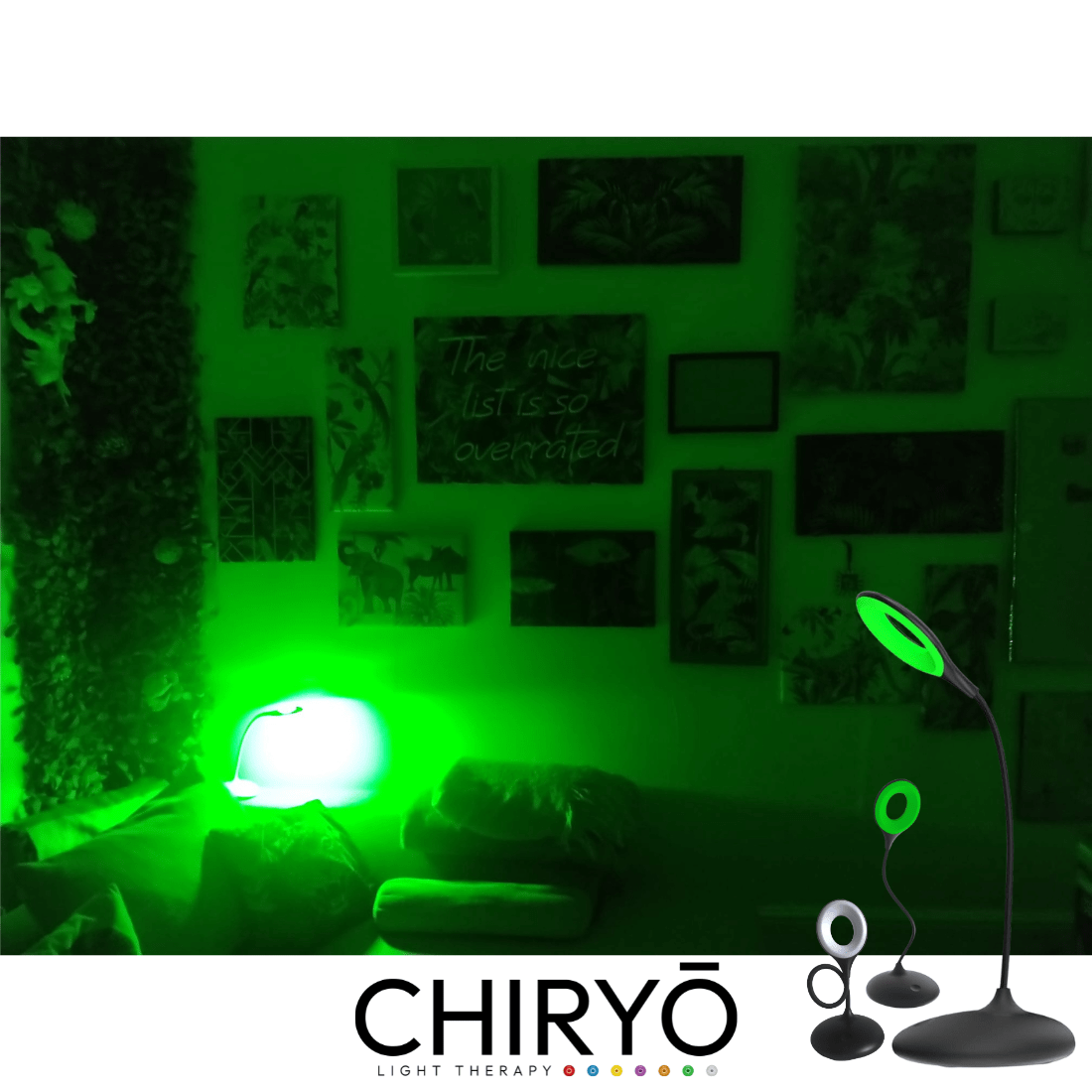CALM GREEN LAMP 520NM BEST FOR HEADACHES AND MIGRAINES RECHARGEABLE BATTERY POWERED LAMP DIMMING GOOSENECK (1) green 520nm lamp switched on in living area of home illuminating green 520nm light with wall pictures in background