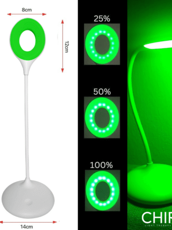 CALM 520nm GREEN Lighting LAMP BEST FOR HEADACHES AND MIGRAINES SHOWS MEASUREMENTS OF GOOSENECK AMP DIMMING SETTINGS AND LAMP TURNED ON RECHARGEABLE BATTERY POWERED LAMP