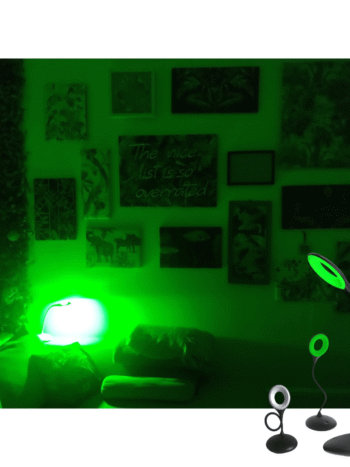 green 520nm lamp best lighting for migraines green 520nm light switched on in living area of home illuminating green 520nm light with wall pictures in background
