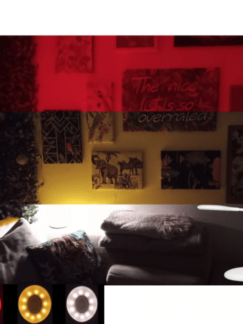 Full Spectrum rechargeable Lamp turned on showing red amber white 4000k 270 lumens in lounge no blue light RECHARGEABLE BATTERY POWERED LAMP DIMMING bendy GOOSENECK white