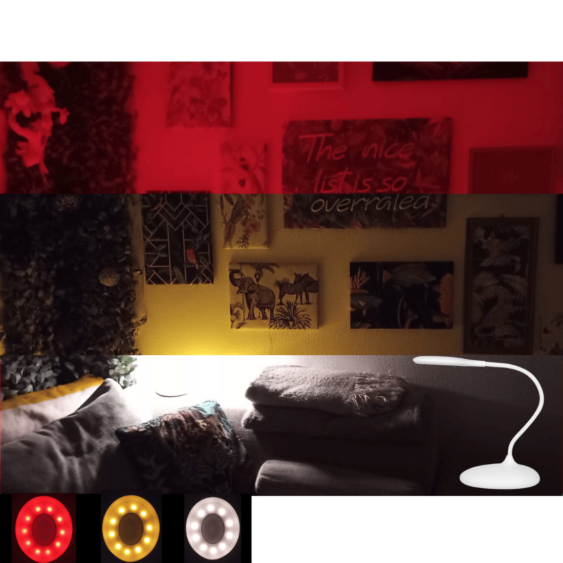 Full Spectrum Light Lamp in living room no blue light RECHARGEABLE BATTERY POWERED LAMP DIMMING GOOSENECK white Full Spectrum rechargeable Lamp turned on showing red amber white 4000k 270 lumens in lounge no blue light RECHARGEABLE BATTERY POWERED LAMP DIMMING bendy GOOSENECK white