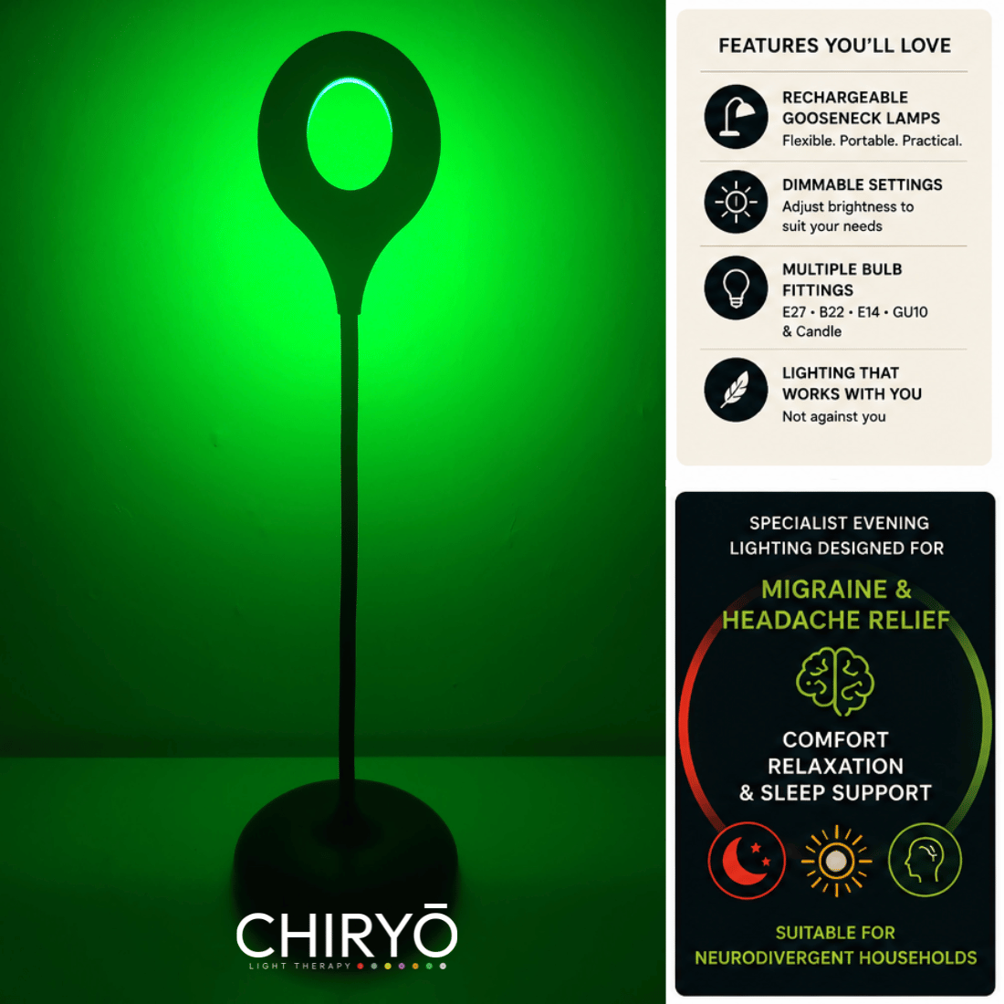 Headache and Migraine relief CALM Green Lamp 520nm lamp rechargeable type c dimmable bendy gooseneck healthy lighting LAMP CHIRYO Light Therapy (1)