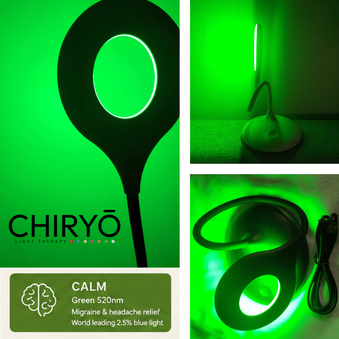 Headache and Migraine relief CALM Green Lamp 520nm lamp rechargeable type c dimmable bendy gooseneck healthy lighting LAMP CHIRYO Light Therapy (2)