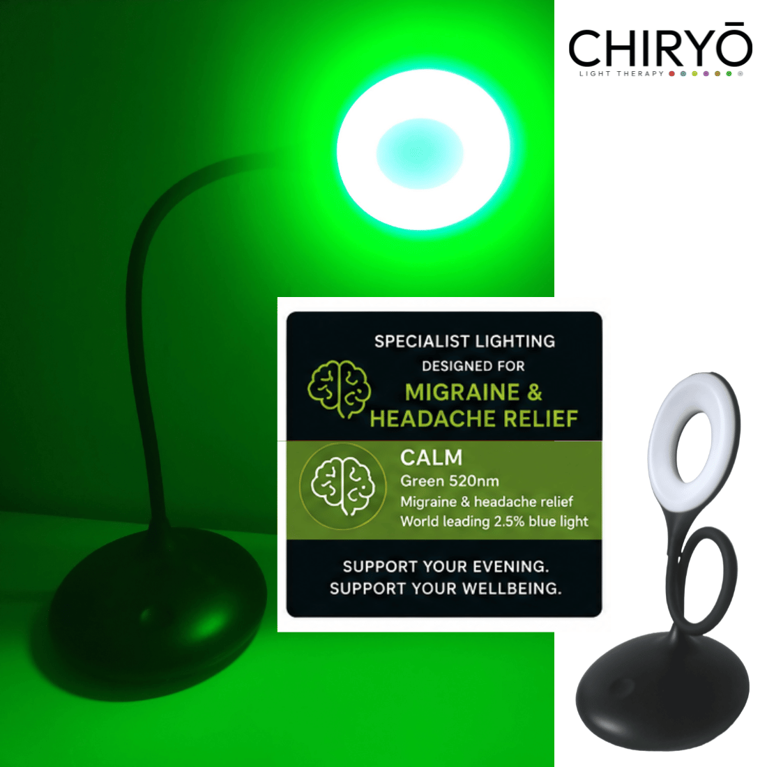 Headache and Migraine relief CALM Green Lamp 520nm lamp rechargeable type c dimmable bendy gooseneck healthy lighting LAMP CHIRYO Light Therapy