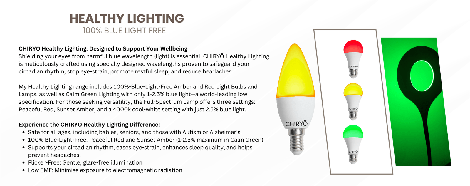 CHIRYO Light Therapy Calm Green 520nm, Sunset Amber 600nm, and Peaceful Red 630nm Healthy Lighting CHIRYO Light Therapy Calm Green 520nm, Sunset Amber 600nm, and Peaceful Red 630nm Healthy Lighting bulbs and gooseneck touch dimming lamps