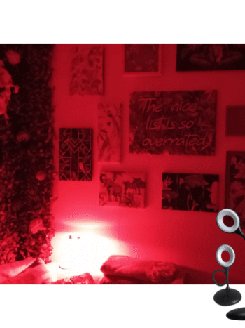 red light rechargeable Lamp turned on showing bendy gooseneck positioning red illumination in lounge with photo frames on the wall. 270 lumens, no blue light RECHARGEABLE BATTERY POWERED LAMP DIMMING bendy GOOSENECK black