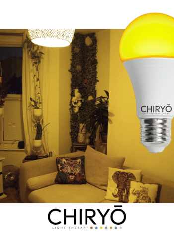 relax sunset amber light bulb E27 switched on in living room ceiling lighting, showing sofa cushions and plants sunset amber light bulb E27 USE26 healthy lighting blue light free light bulbs CHIRYO LIGHT THERAPY