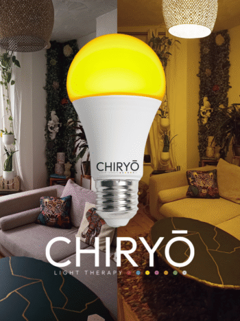 relax sunset amber light bulb E27 switched on in living room, before and after split image shows natural daylight showing sofa cushions and wall art in one half and after sunset amber light bulb on E27 US26 healthy lighting blue light free light bulbs CHIRYO LIGHT THERAPY