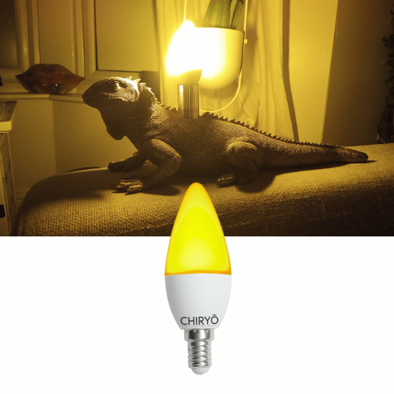 Sunset amber light bulb candle no blue light e14 healthy lighting CHIRYO LIGHT THERAPY (1) sunset amber light bulb sleep candle e14 by CHIRYĆ Light Therapy emitting warm amber light with no blue or green wavelengths for healthy evening lighting