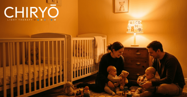 amber light bulb switched on in alphabet lamp parents playing with children before bedtime block blue light chiryo light therapy