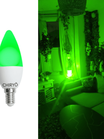 calm green light bulb candle lightbulb CHIRYŌ Light Therapy Calm Green 520nm E14 narrowband green candle bulb providing low-stimulus lighting for headache and migraine recovery