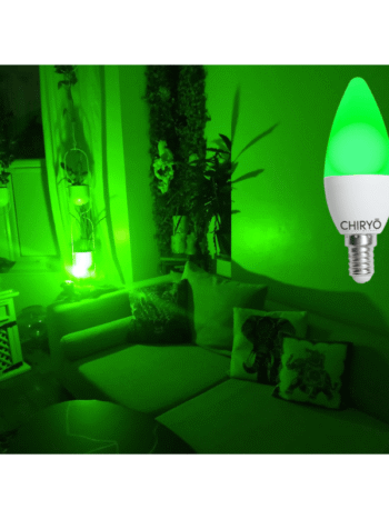 calm green light bulb candle lightbulb 520nmCHIRYŌ Light Therapy Calm Green 520nm E14 candle light bulb used in a table lamp for migraine relief and sensory-friendly evening lighting