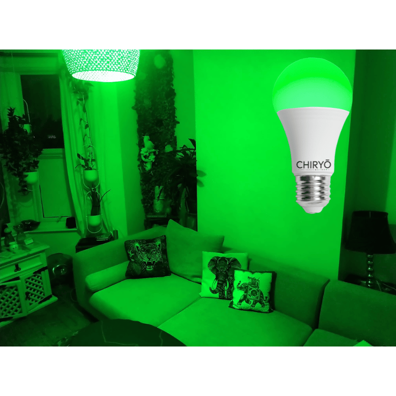 calm green light bulb narrowband 520 E27 migraine headache light CHIRYO LIGHT THERAPY (1) calm green light bulb headache migraine bulb CHIRYŌ Light Therapy calm green 520nm E27 light bulb illuminating a lounge, migraine-friendly green lighting with flicker-free low blue light