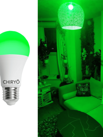 Calm green 520nm light bulb E27 by CHIRYŌ Light Therapy used in a UK living room, narrowband green lighting for migraine and headache relief with low blue light