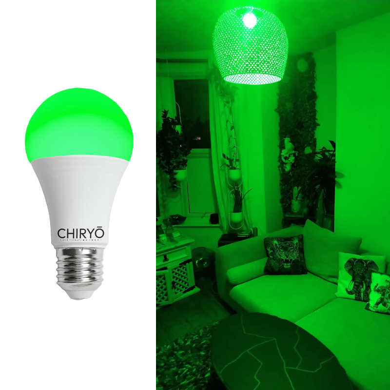 calm green light bulb narrowband 520 E27 migraine headache light CHIRYO LIGHT THERAPY (2) Calm green 520nm light bulb E27 by CHIRYŌ Light Therapy used in a UK living room, narrowband green lighting for migraine and headache relief with low blue light