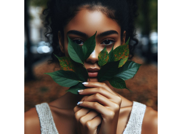 mixed raced teen young adult with 2 autumn leaves covering her eyes Eczema LED Blue Light Therapy 415nm 453nm 480nm 520nm 550nm 830nm 633nm reduces conditions 60% - 96% nurturing skin during autumn