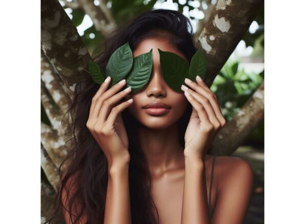 mixed raced teen young adult with 2 autumn leaves covering her eyes Eczema LED Blue Light Therapy 415nm 453nm 480nm 520nm 550nm 830nm 633nm reduces conditions 60% - 96% nurturing skin during autumn