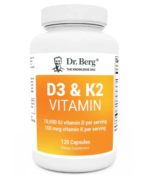 Dr Berg D3 and K2 Vitamins Capsules 10,000 IU of vitamin D3 and 100 mcg of vitamin K2 per serving