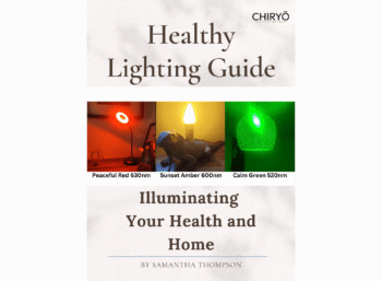 CHIRYO Light Therapy Healthy Lighting Guide FREE E-Book - Illuminating your health and home - by Samantha Thompson. displays scene of man using green light illumination in his bedroom - 2 children using amber light illumination in their bedrooms and a women sat on the edge of her bed using red healthy lighting to read a book