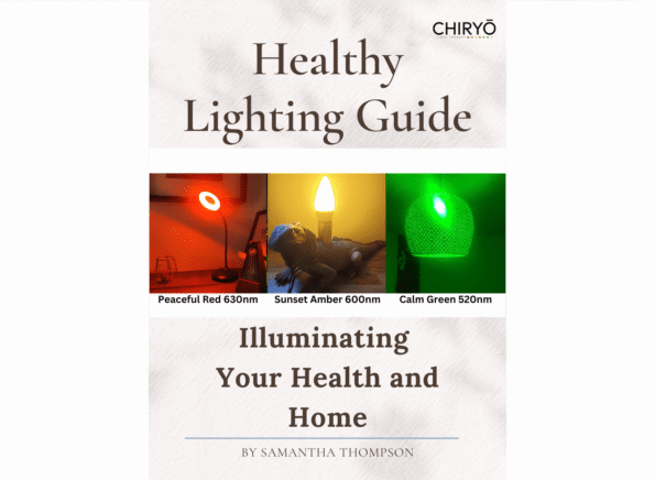 CHIRYO Light Therapy Healthy Lighting Guide FREE E-Book - Illuminating your health and home - by Samantha Thompson. displays scene of man using green light illumination in his bedroom - 2 children using amber light illumination in their bedrooms and a women sat on the edge of her bed using red healthy lighting to read a book