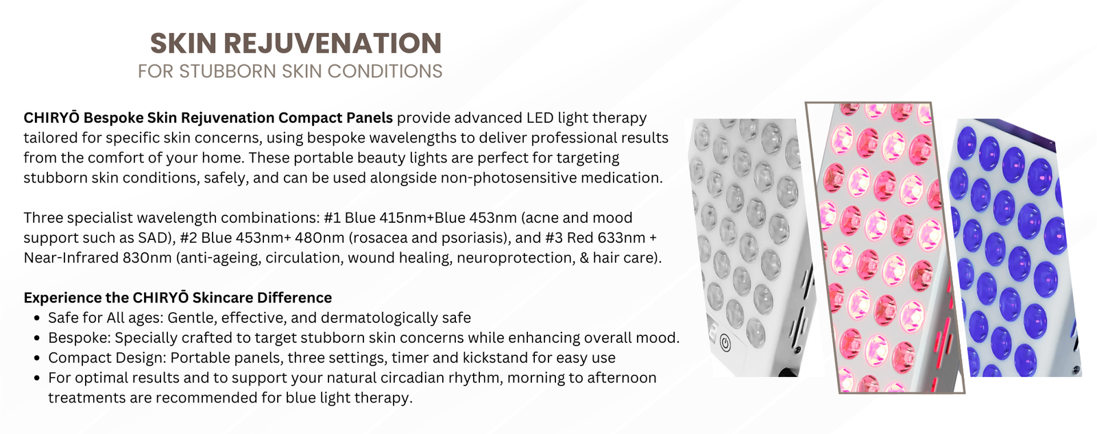 CHIRYŌ Skin Rejuvenation Panels with bespoke wavelengths for psoriasis, mood, SAD, acne, rosacea, anti-aging, and improved circulation.