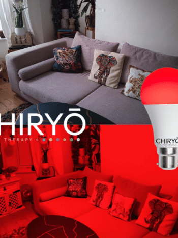 SLEEP Red Light Bulb B22 Blue Light Free Lighting before and after living room with sofa and table and in natural daylight and evening red light for Sleep and Eye Comfort autism and ADHD recommended