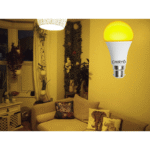 sunset amber sleep light bulb CHIRYŌ sunset amber LED sleep light bulb illuminating a living room with warm amber light, creating a low-blue evening lighting environment suitable for night-time use.