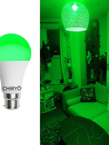 calm green light bulb migraine headache B22 CHIRYŌ Light Therapy calm green LED light bulb shown alongside a living room illuminated with green lighting, demonstrating the bulb’s appearance and visual output when installed.