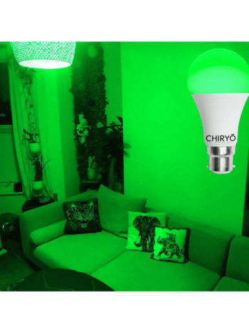 calm green light bulb Living room illuminated with CHIRYŌ Light Therapy calm green LED light bulb, showing green-only indoor lighting used in an evening home environment.