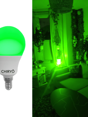 Calm green light bulb 520nm lightbulb E14 by CHIRYŌ Light Therapy illuminating a living room with narrow-band green lighting designed for migraine and headache-friendly environments