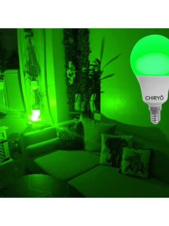 Calm green light bulb 520nm lightbulb E14 by CHIRYŌ Light Therapy illuminating a living room with narrow-band green lighting designed for migraine and headache-friendly environments