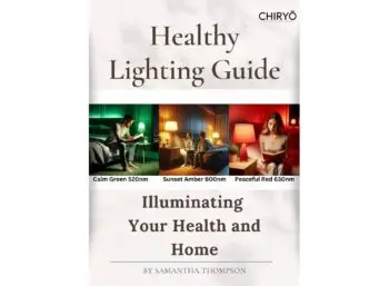 CHIRYO Light Therapy Healthy Lighting Guide FREE E-Book - Illuminating your health and home - by Samantha Thompson. displays scene of man using green light illumination in his bedroom - 2 children using amber light illumination in their bedrooms and a women sat on the edge of her bed using red healthy lighting to read a book. Discover why your eyes and brain love red, amber, green, and natural light—and learn how to replace harsh blue light with soothing illumination that keeps you (and your family) relaxed.