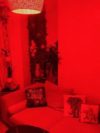 red light bulb no blue light CHIRYŌ Light Therapy red B22 630nm lighting illuminating a UK living room in autumn during the evening, with darkness outside the window around 6pm, demonstrating red light use after sunset.