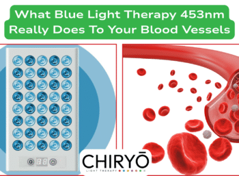What Blue Light 453nm Therapy Really Does To Your Blood Vesselsblue light therpy panel 415nm and 453nm switched on and image of blood vessels
