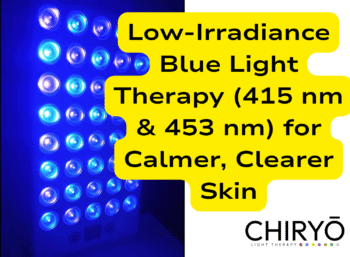 Low‑Irradiance Blue Light Therapy (415 nm & 453 nm) for Calmer, Clearer Skin White panel with half the LEDs glowing a pale blue and the other half a deep violet-blue.