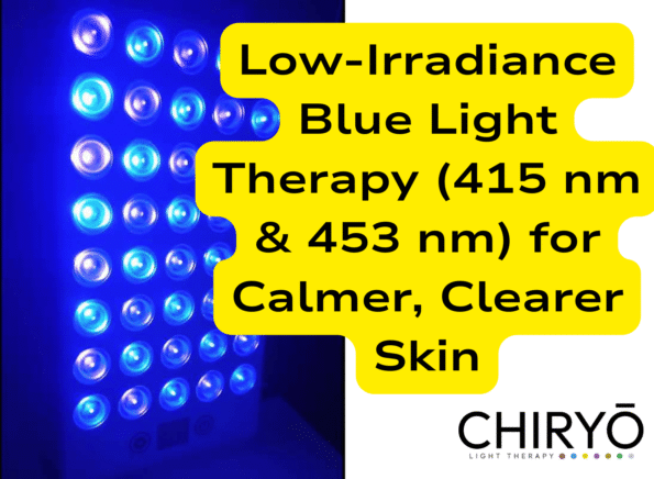 Low‑Irradiance Blue Light Therapy (415 nm & 453 nm) for Calmer, Clearer Skin White panel with half the LEDs glowing a pale blue and the other half a deep violet-blue.
