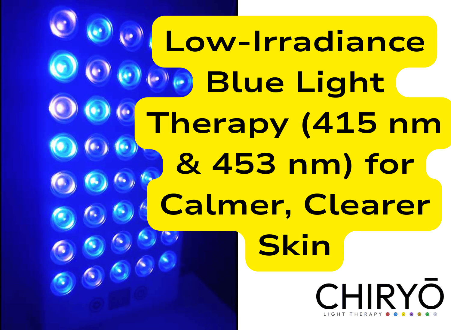 Low‑Irradiance Blue Light Therapy (415 nm & 453 nm) for Calmer, Clearer Skin White panel with half the LEDs glowing a pale blue and the other half a deep violet-blue.