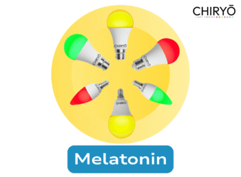 This educational graphic illustrates the relationship between coloured lighting and melatonin. It features CHIRYŌ LED light bulbs in red, amber and green tones arranged in a circular formation around a central yellow background. The image is designed to support an informational discussion on how different light colours are commonly explored in evening and low-blue-light environments, particularly in relation to circadian rhythms and melatonin regulation. The visual is conceptual and does not imply medical treatment or guaranteed effects.