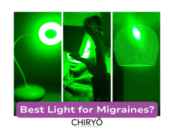 best light for migraines 520nm lamp turned on, lady holding green 520nm and 550nm towards eyes for migraine and headache relief and green 520nm light bulb being used green light 520nm narrowband minimal blue light reduces light sensitivity triggers green