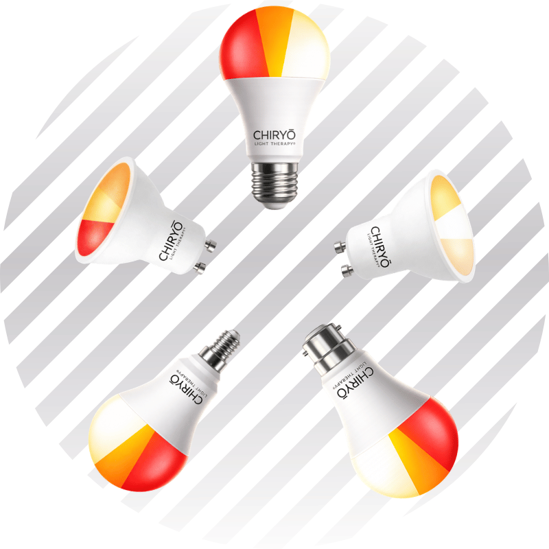 3in1 bulbs CHIRYŌ three-in-one healthy lighting bulbs showing sleep red amber and task full spectrum modes in E27 B22 E14 and GU10 fittings 3in1 bulbs CHIRYŌ three-in-one healthy lighting bulbs showing sleep red amber and task full spectrum modes in E27 B22 E14 and GU10 fittings