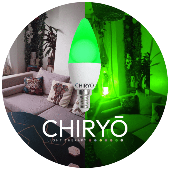 CHIRYO Home Page 12 calm green 520nm lighting switched on in living room, before and after split image shows natural daylight showing sofa cushions and wall art in one half and after sunset amber healthy lighting