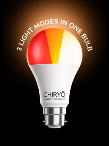 Healthy smart B22 bayonet bulb 3in1 displaying SLEEP Red, RELAX Amber and TASK Full Spectrum modes against dark background, CHIRYO Light Therapy