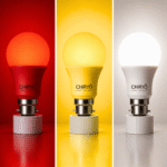 Healthy smart B22 bulb showing all three modes side by side, SLEEP Peaceful Red, RELAX Sunset Amber and TASK Full Spectrum, blue light free healthy lighting, CHIRYO Light Therapy