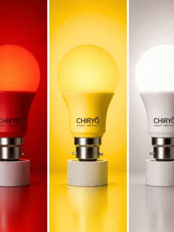 Healthy smart B22 bulb showing all three modes side by side, SLEEP Peaceful Red, RELAX Sunset Amber and TASK Full Spectrum, blue light free healthy lighting, CHIRYO Light Therapy