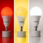 Healthy smart E14 3in1 bulb displaying SLEEP Red, RELAX Amber and TASK Full Spectrum modes on white background, CHIRYO Light Therapy