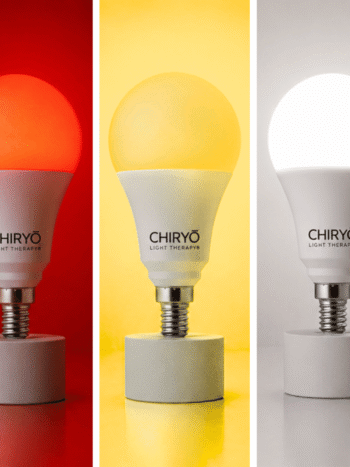 Healthy smart E14 3in1 bulb displaying SLEEP Red, RELAX Amber and TASK Full Spectrum modes on white background, CHIRYO Light Therapy