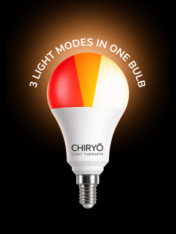 Healthy smart E14 3in1 bulb showing SLEEP Red, RELAX Amber and TASK Full Spectrum colour segments against dark background, CHIRYO Light Therapy